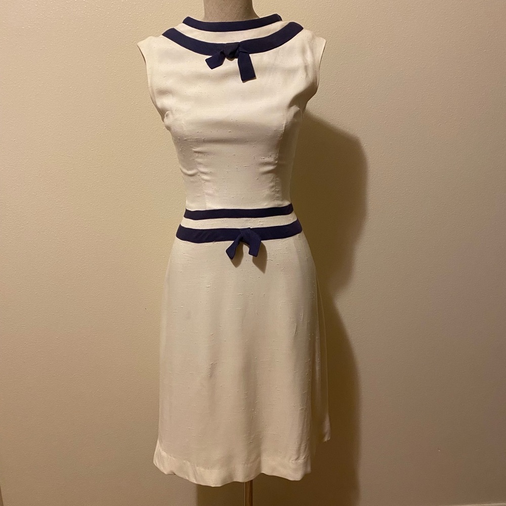 Vintage Navy-Trim Cream  Sleeveless A-Line Dress 1950’s
